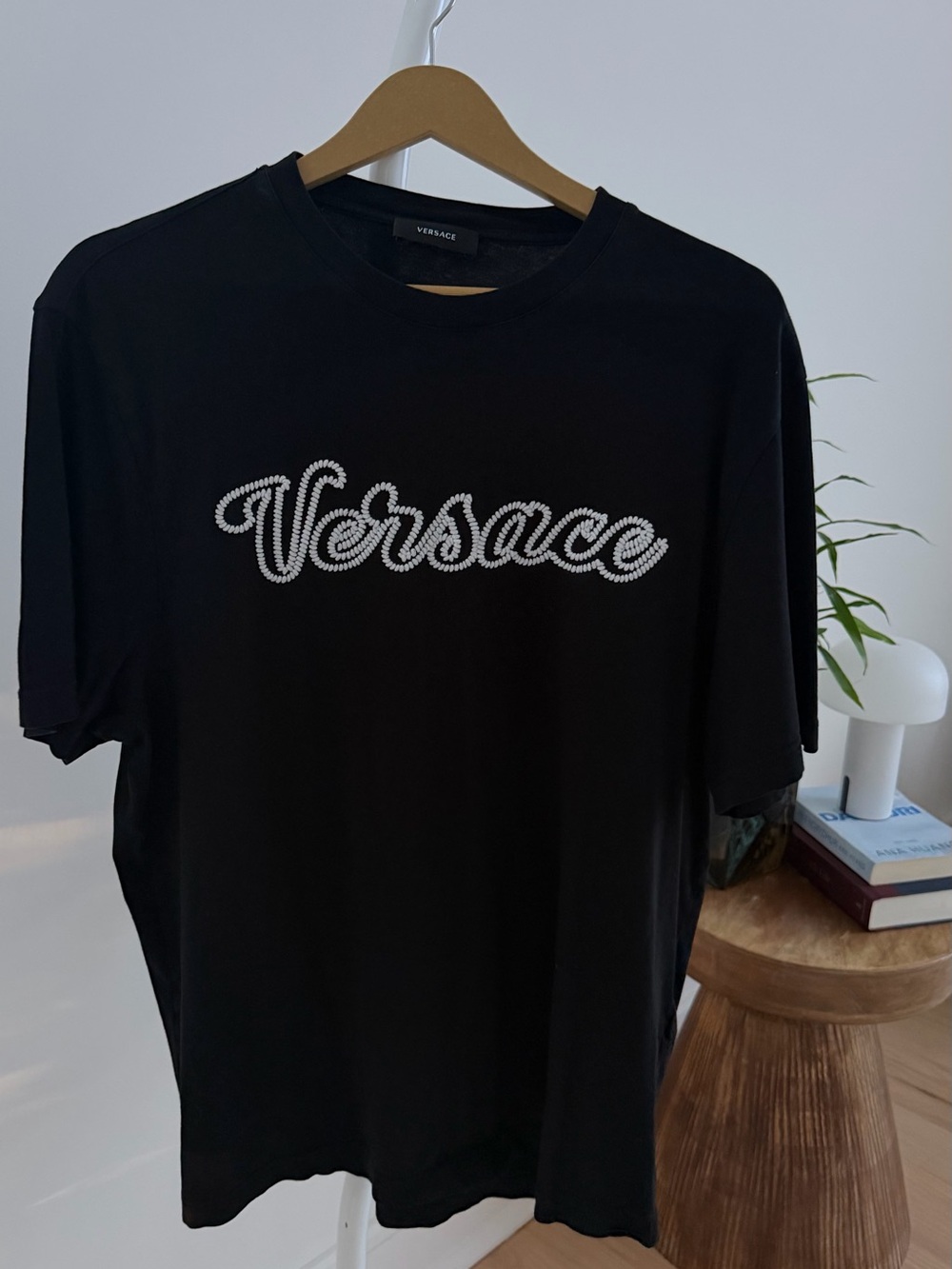 Versace Black Crewneck T-Shirt with Embroidered Logo Script